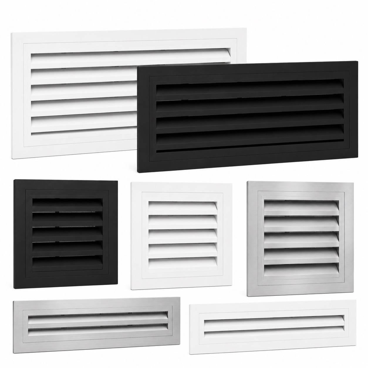 Black, white, and silver aluminum gable vents in multiple shapes