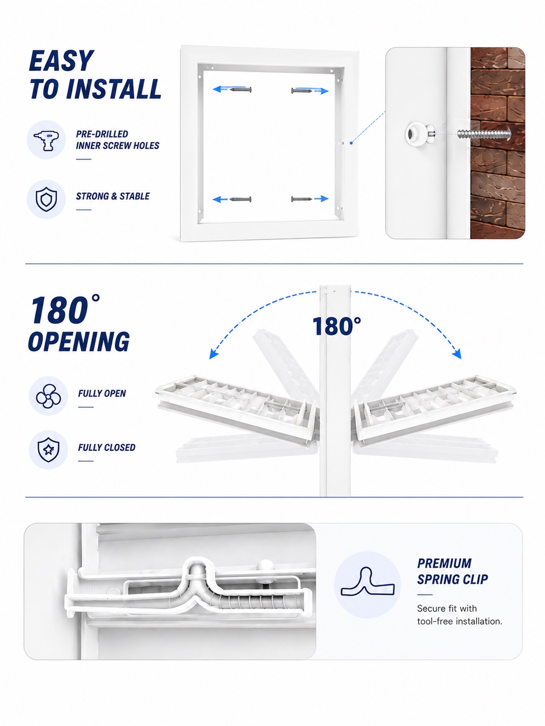Gable vent installation, 180-degree opening, and spring clip detail