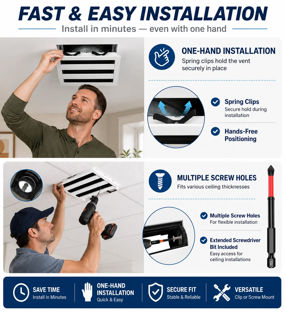 Vent cover spring clip and screw installation options