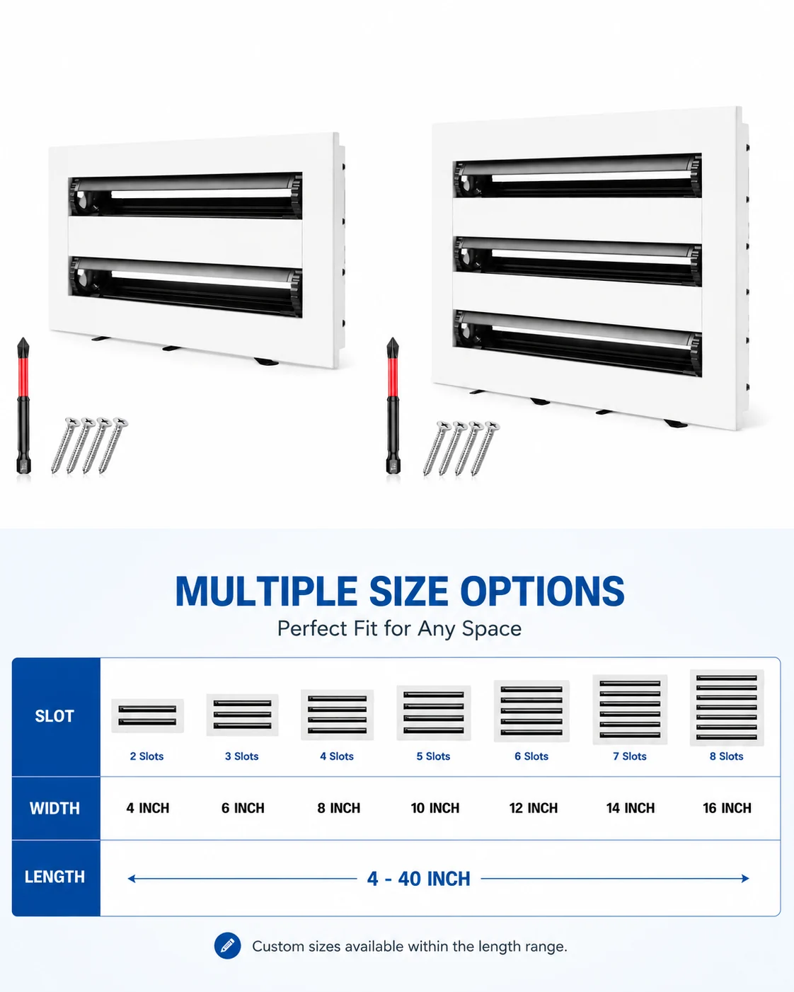 Vent cover slot, width, and length options