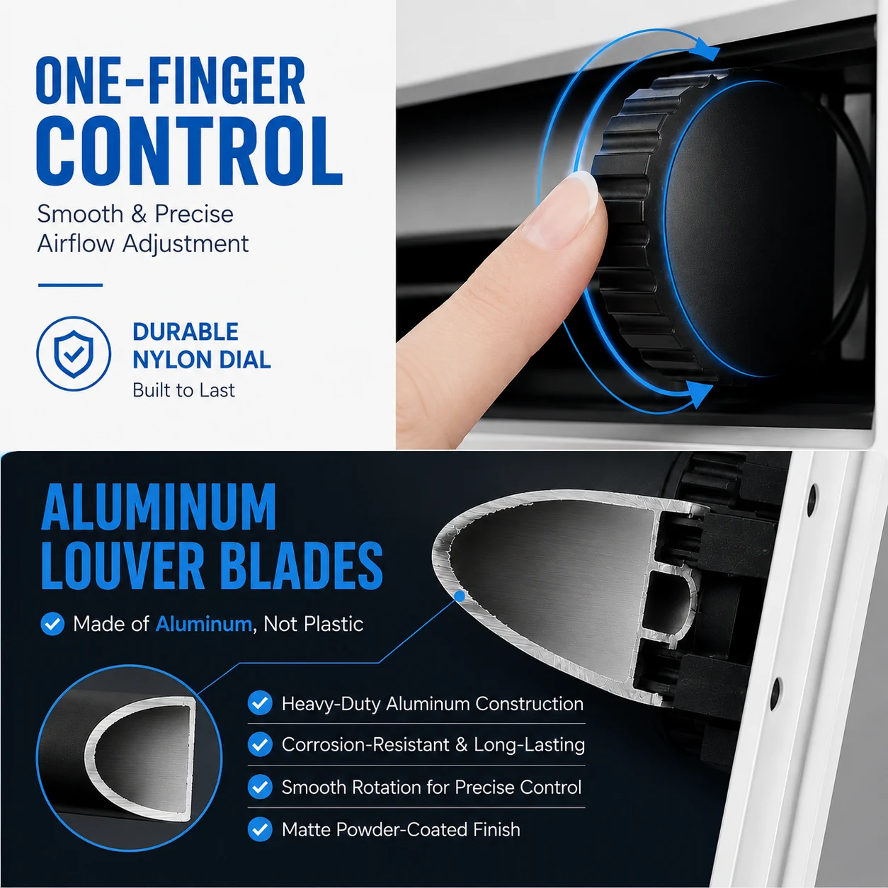 Nylon adjustment knob and aluminum louver blade detail