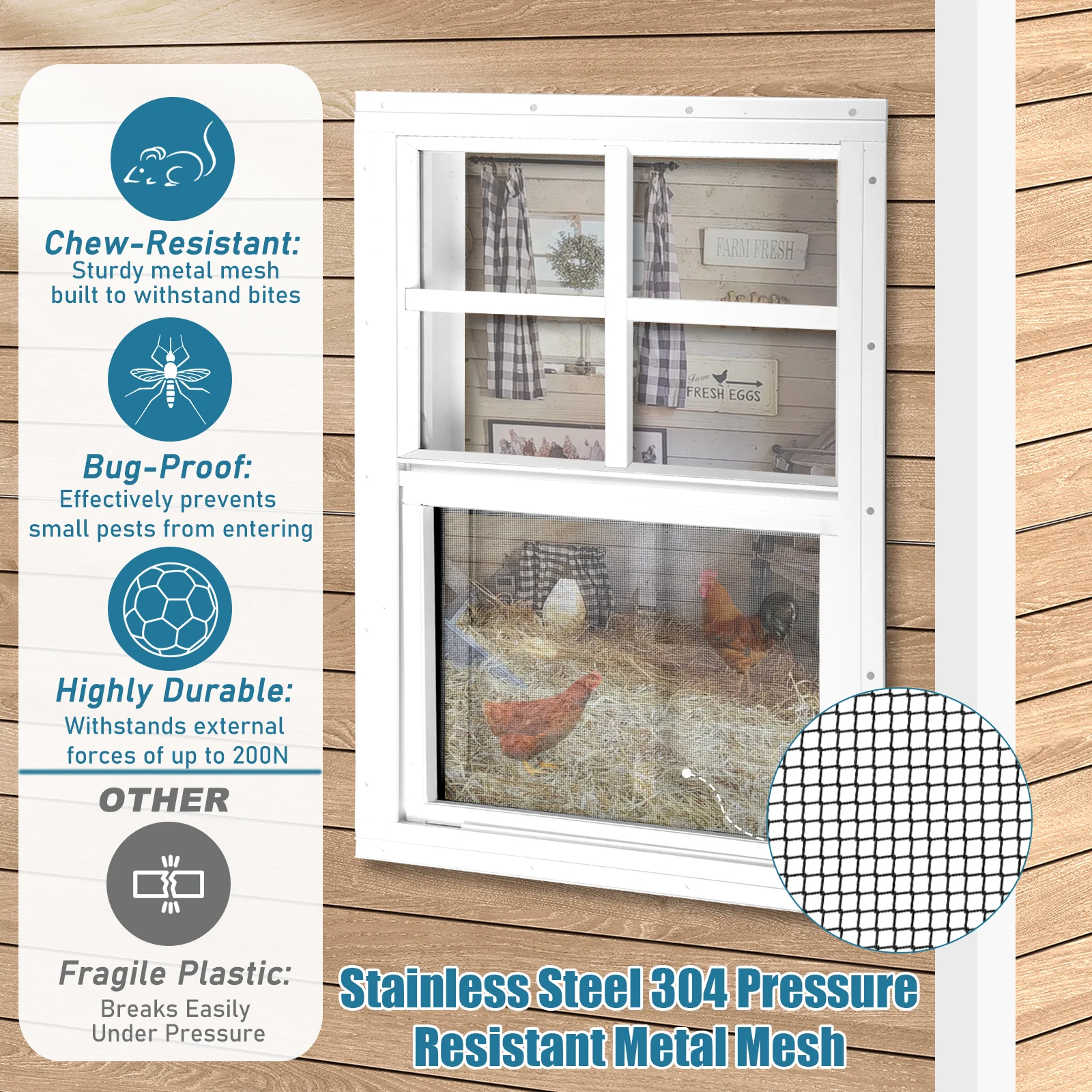 White aluminum sliding shed window with stainless steel mesh