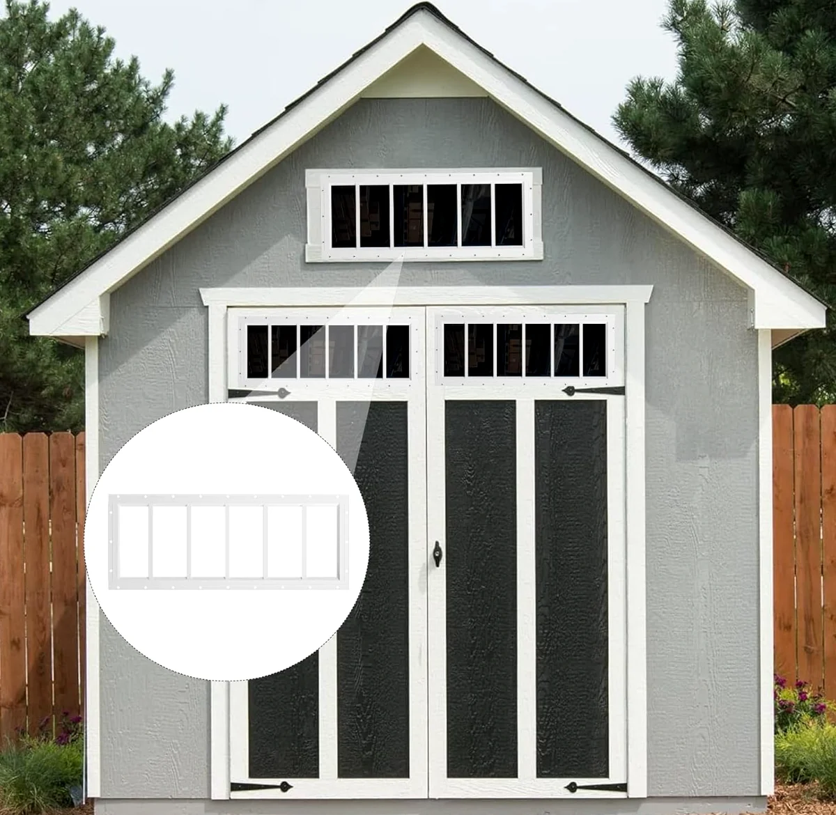 White transom windows installed above shed doors