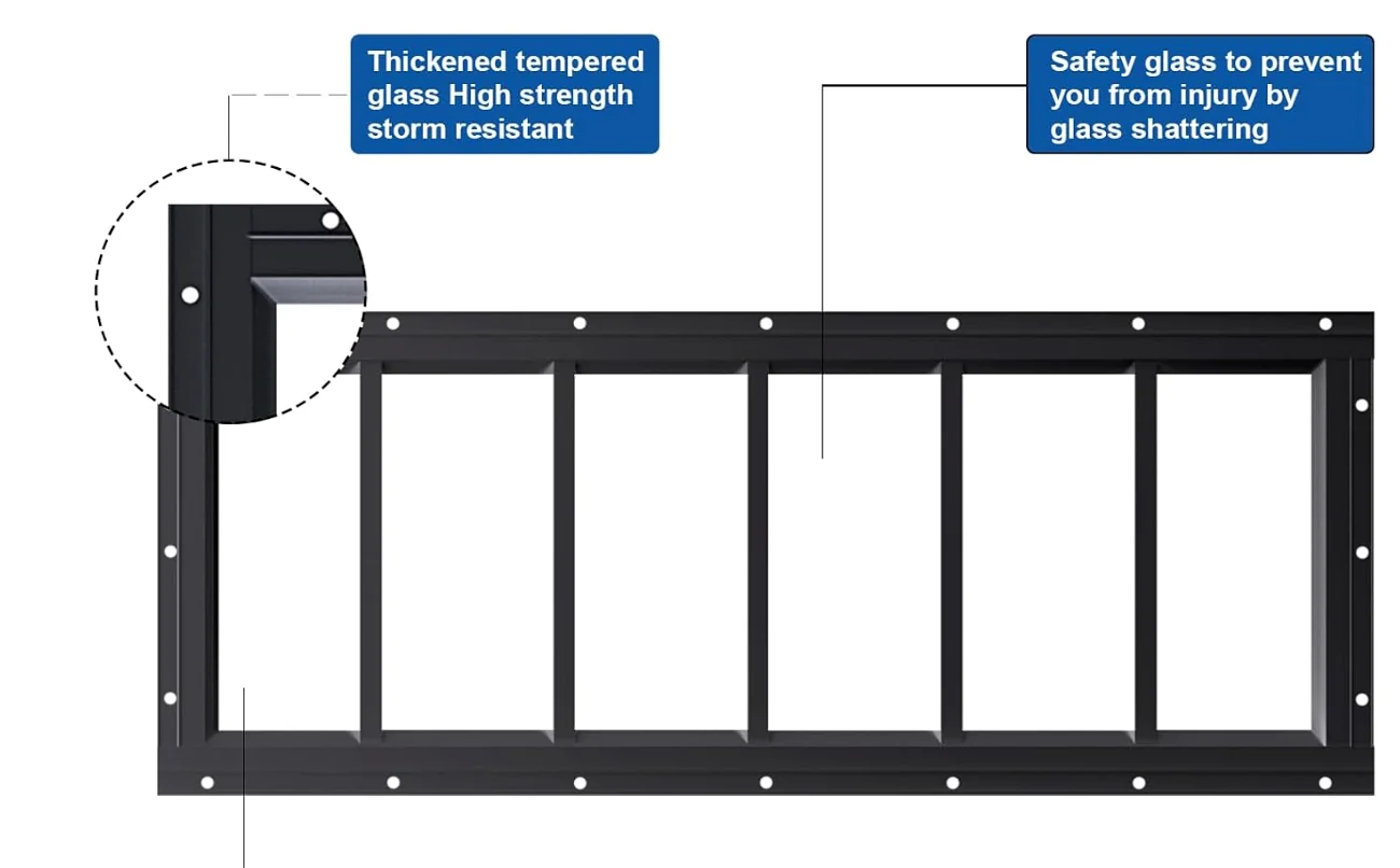 Black transom window and tempered glass detail